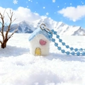 Cute white plush snow house charm with blue roof and pink heart on a beaded chain - Blue Heart House (Bead Chain)