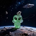Luminous green alien resin phone strap with silver lobster clasp and UFO theme - Hands On Face Style