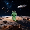 Luminous green resin alien phone charm with UFO starship background on planet surface - Standing Style