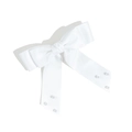 Detailed view of white satin bow hair clip with elegant faux pearls and silky texture - White