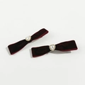 Pair of vintage wine red velvet bow hair clips with heart pearls and rhinestones - One Pair / Burgundy
