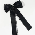 Elegant black satin bow hair clip with heart rhinestone and delicate lace trim - Black