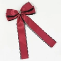 Elegant dark red satin bow hair clip with black lace trim and a silver heart crystal center - Burgundy