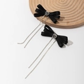 Detail of black satin bow hair clips with heart rhinestone and long crystal tassels - Black