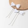 Elegant white satin bow hair clips with heart rhinestone and long fringe tassels - White