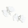 Barrettes noeuds en satin blanc avec strass coeur et pendentifs croix en métal argent - Blanc