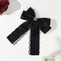 Gothic black satin bow hair clip with lace details and a crystal heart rhinestone pendant - Black