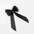 Elegant black double-layered satin bow hair clip with long ribbons on white background - Black