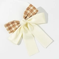 Elegant houndstooth and beige satin double layer bow hair clip with long ribbons - Beige