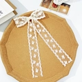 Detail of white lace bow hair clip with floral embroidery on elegant long ribbons - Beige