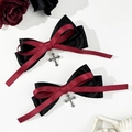 Macro detail of gothic black and burgundy ribbon bows with vintage silver cross pendants - Black Red Color Block Style 1 (2024072910)