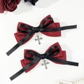 Detail view of gothic red and black layered ribbon hair bows with silver cross charms - Red Black Color Block Style 2 (2024072910)