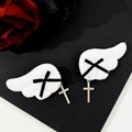 Gothic angel wing hair clips with black ribbons and silver metal cross pendants - Left and Right Set / White