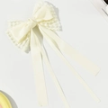 Detail of white double-layered lace and satin bow hair clip with long ribbons - Beige (Long)