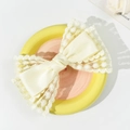Detailed macro view of creamy bow hair clip with embroidered white lace and satin ribbon - Beige (Short)