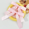 Set van twee roze satijnen haarstrikken in balletstijl op een decoratief geel dienblad - Roze