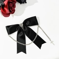 Gothic black satin bow hair clip with heart rhinestone, silver chains and cross pendant - Black