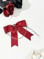 Gothic wine red satin bow hair clip with black heart gem, silver chain, and cross pendant - Burgundy