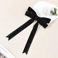 Elegant black bow hair clip with silver sparkles and long ribbons for women - Black