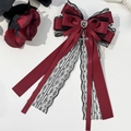 Detail of gothic lolita bow hair clip with dark red lace, heart gem and cross pendant - Wine Red Cross Pendant Style