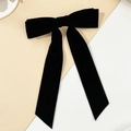 Elegant black velvet bow hair clip with long streamers in a vintage minimalist design - Black