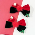 Detail of red and green velvet Christmas bow clips with mini Santa and pompom accents - Red Green Color Block Santa Fur Ball Style (3#)