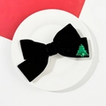 Detail of black velvet Christmas hair clip with green sequin tree and bell on white plate - Black Bow Sequined Christmas Tree Style (1#)