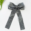 Detail of silver metallic pleated bow hair clip with long ribbons on white background - 6# Silver Gray (Long Streamer Spring Clip)