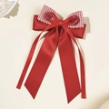 Red bow hair clip with houndstooth pattern and long ribbons for elegant women styling - Red Satin Style with Long Streamers (4#)