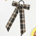 Detail of vintage plaid bow hair tie with long streamers and black elastic band - Brown Coffee Plaid (2#)