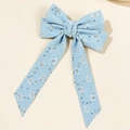 Close-up of sequined denim bow hairclip with long ribbons and distressed edge details - Large Long Ribbon Sequin Denim Bow (2#)