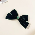 Elegant dark green velvet bow hair clip with an emerald-colored gemstone and rhinestones - Dark Green