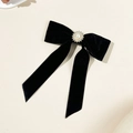 Detail of elegant black velvet bow hair clip with faux pearl and rhinestone sunflower - Black