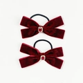 Coppia di elastici per capelli a fiocco in velluto rosso vino con strass rubino su bianco - Borgogna