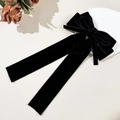 Elegante fermaglio per capelli in velluto nero con nastri lunghi e fiocco a strati - Nero
