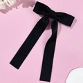 Elegante pinza para el pelo de terciopelo negro con lazo largo y textura brillante para mujer - Negro