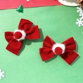 Detail of red velvet hair clips with white faux fur pom-poms for Chinese New Year styling - Red White Double Fur Ball Velvet Bow (5#)