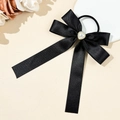 Elegant black satin bow hair tie with a large pearl heart and flexible elastic band - Black