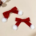 Rote Neujahrs-Haarschleifen aus Samt mit weißen Pompons für Mädchen, festlicher Winterstil - Samt Lange Bänder Fellkugel Schleife (3#)