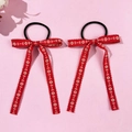 Pair of red bow hair ties with floral embroidery and long ribbons for girls - Style 4 Red Floral Print