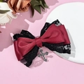 Gothic wine red lace bow hair clip with vintage silver cross pendant accessory - Burgundy