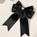 Elegant black satin bow hair clip with a sparkling rhinestone centerpiece for women - Black