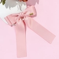 Detalle del lazo de raso rosa con placa dorada y cintas largas para el cabello - Rosa