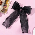 Detailed view of black double-layered sheer mesh bow hair clip with elegant long ribbons - Black