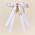Detail of white satin bow hair clip with crystal butterfly and long flowing ribbons - White