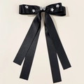 Elegant black satin bow hair clip with sparkling star rhinestones and long ribbon streamers - Black