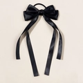 Elegant black satin bow hair tie with long ribbons for stylish ponytail hairstyles - Black