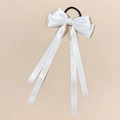 Detail of white satin bow hair tie with long ribbons and high elastic black rope - White