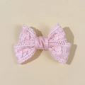 Pink lace bow hair clip for girls featuring delicate embroidery and satin ribbon detail - Pink