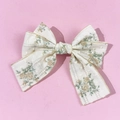 Detailed macro view of white floral bow hair clip with Swiss dots and gold stitched edges - 2# (Yellow Small Floral)
